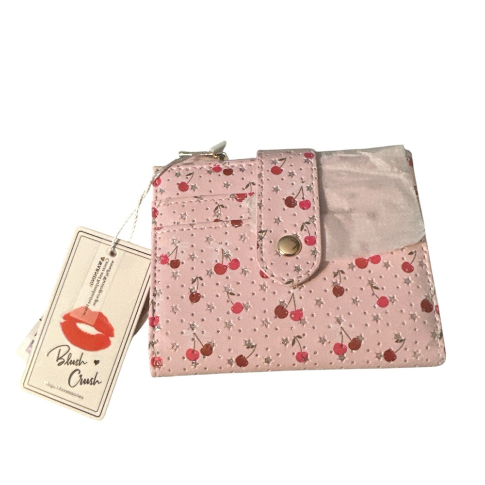 NWT blush crush Pink Cherry Print Snap Wallet keychain gold accents lots of room